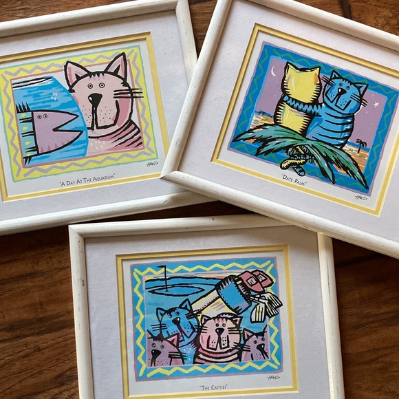 Artisan Other - HUESSO cat art x3 Date Palm, The Catties, a day at the Aquarium framed